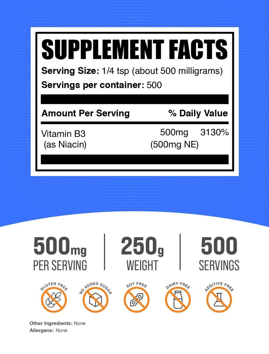 BulkSupplements.com Niacin-Pulver – Vitamin B3 Ergänzung, Niacin-Flush, glutenfrei, 500 mg pro Portion, 250 g (8,8 oz) (1er-Pack)