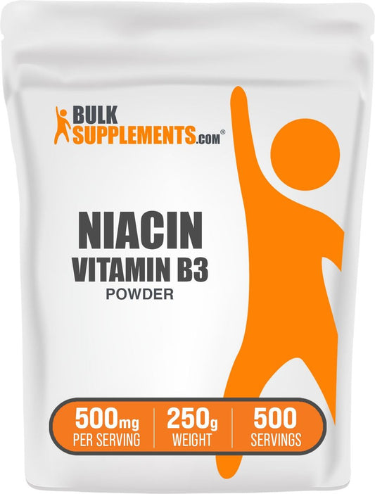 BulkSupplements.com Niacin-Pulver – Vitamin B3 Ergänzung, Niacin-Flush, glutenfrei, 500 mg pro Portion, 250 g (8,8 oz) (1er-Pack)