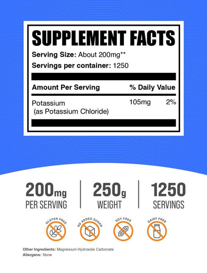 Kaliumchlorid Pulver – Salzersatz, glutenfrei, 200 mg pro Portion, 250 g (8,8 oz) – BulkSupplements.com