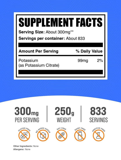 BulkSupplements.com Kaliumcitrat-Pulver – Mineralstoff für Hydrationsunterstützung, 300 mg pro Portion, 99 mg Kalium, glutenfrei, 250 g (8,8 oz)