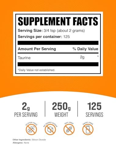 BulkSupplements.com Taurin Pulver – Taurin Nahrungsergänzungsmittel, Aminosäure für Energie – ungesüßt & glutenfrei, 2 g pro Portion, 250 g (8,8 oz) (1er Pack)
