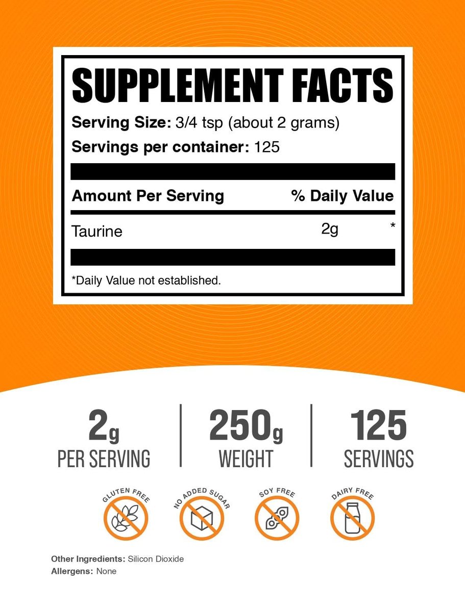 BulkSupplements.com Taurin Pulver – Taurin Nahrungsergänzungsmittel, Aminosäure für Energie – ungesüßt & glutenfrei, 2 g pro Portion, 250 g (8,8 oz) (1er Pack)