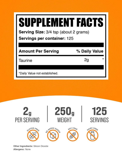 BulkSupplements.com Taurin Pulver – Taurin Nahrungsergänzungsmittel, Aminosäure für Energie – ungesüßt & glutenfrei, 2 g pro Portion, 250 g (8,8 oz) (1er Pack)