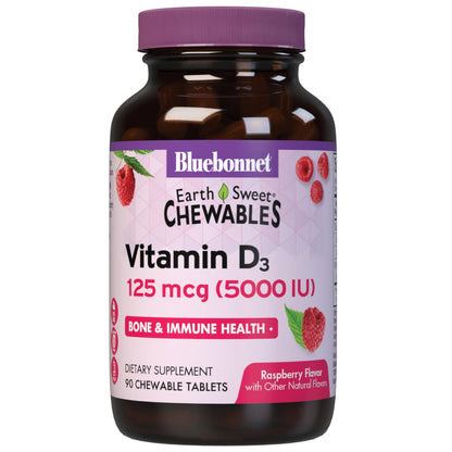 Bluebonnet Nutrition Earth Sweet Vitamin D3 5000 IE Kautabletten – Himbeer-Geschmack, 90 Tabletten
