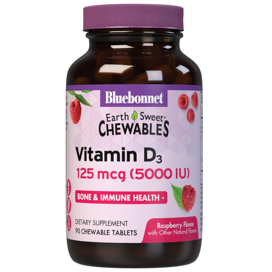 Bluebonnet Nutrition Earth Sweet Vitamin D3 5000 IE Kautabletten – Himbeer-Geschmack, 90 Tabletten
