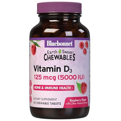 Bluebonnet Nutrition Earth Sweet Vitamin D3 5000 IE Kautabletten – Himbeer-Geschmack, 90 Tabletten