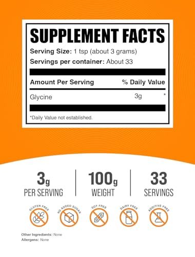 Glycin-Pulver von BulkSupplements – Geschmacksneutral, glutenfrei, 3 g pro Portion, 100 g (3,5 oz) – Packung mit 1