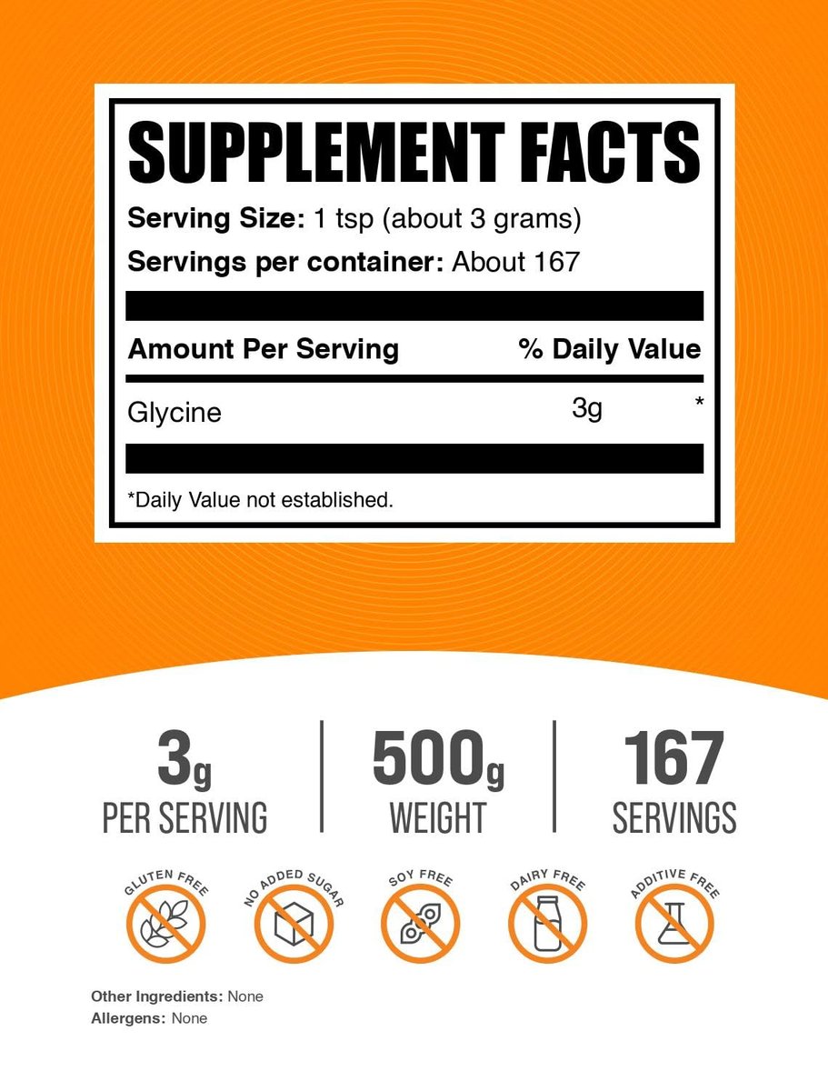 BulkSupplements.com Glycin-Pulver – Glycin Nahrungsergänzung, Aminosäure-Präparat – Ungesüßt & Glutenfrei, 3 g pro Portion, 500 g (1,1 lb) (1er-Pack)