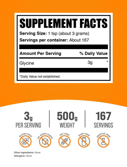 BulkSupplements.com Glycin-Pulver – Glycin Nahrungsergänzung, Aminosäure-Präparat – Ungesüßt & Glutenfrei, 3 g pro Portion, 500 g (1,1 lb) (1er-Pack)