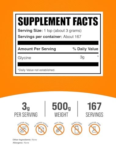 BulkSupplements.com Glycin-Pulver – Glycin Nahrungsergänzung, Aminosäure-Präparat – Ungesüßt & Glutenfrei, 3 g pro Portion, 500 g (1,1 lb) (1er-Pack)