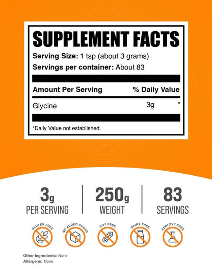BulkSupplements.com Glycin-Pulver - Glycin-Ergänzung, Aminosäure-Präparat - Ungesüßt & Glutenfrei, 3g pro Portion, 250g (8,8 Unzen) (Packung mit 1)