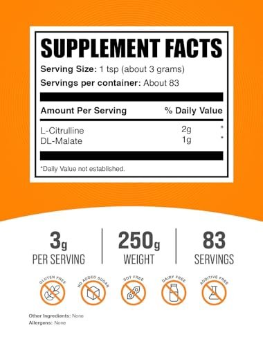 BulkSupplements.com L-Citrullin-Malat 2:1 Pulver - Stickstoffmonoxid-Booster, Citrullin-Malat Nahrungsergänzungsmittel - Ungeschmackt & Glutenfrei - 3 g pro Portion, 250 g (8,8 oz) (1er-Pack)