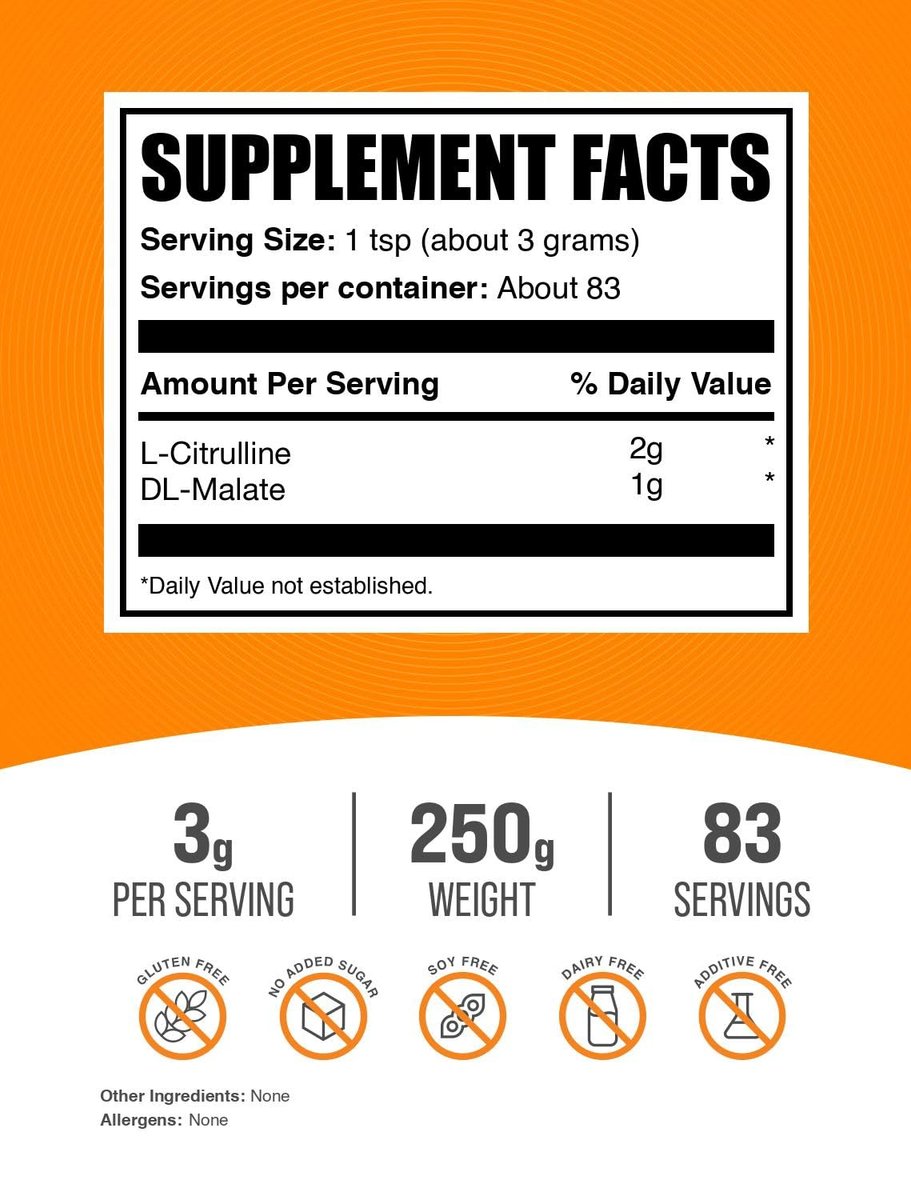 BulkSupplements.com L-Citrullin-Malat 2:1 Pulver - Stickstoffmonoxid-Booster, Citrullin-Malat Nahrungsergänzungsmittel - Ungeschmackt & Glutenfrei - 3 g pro Portion, 250 g (8,8 oz) (1er-Pack)