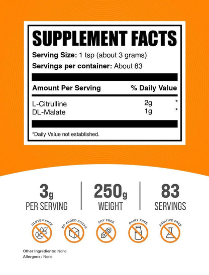 BulkSupplements.com L-Citrullin-Malat 2:1 Pulver - Stickstoffmonoxid-Booster, Citrullin-Malat Nahrungsergänzungsmittel - Ungeschmackt & Glutenfrei - 3 g pro Portion, 250 g (8,8 oz) (1er-Pack)