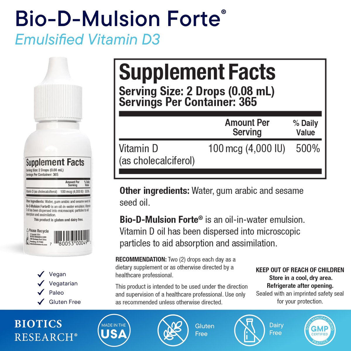 Bio-D-Mulsion Forte – Flüssiges Vitamin D3 (4000 IE) für optimale Aufnahme, starke Knochen und Immunsystem – 30 ml