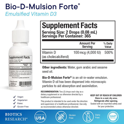 Bio-D-Mulsion Forte – Flüssiges Vitamin D3 (4000 IE) für optimale Aufnahme, starke Knochen und Immunsystem – 30 ml