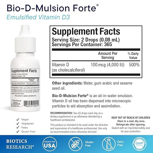 Bio-D-Mulsion Forte – Flüssiges Vitamin D3 (4000 IE) für optimale Aufnahme, starke Knochen und Immunsystem – 30 ml