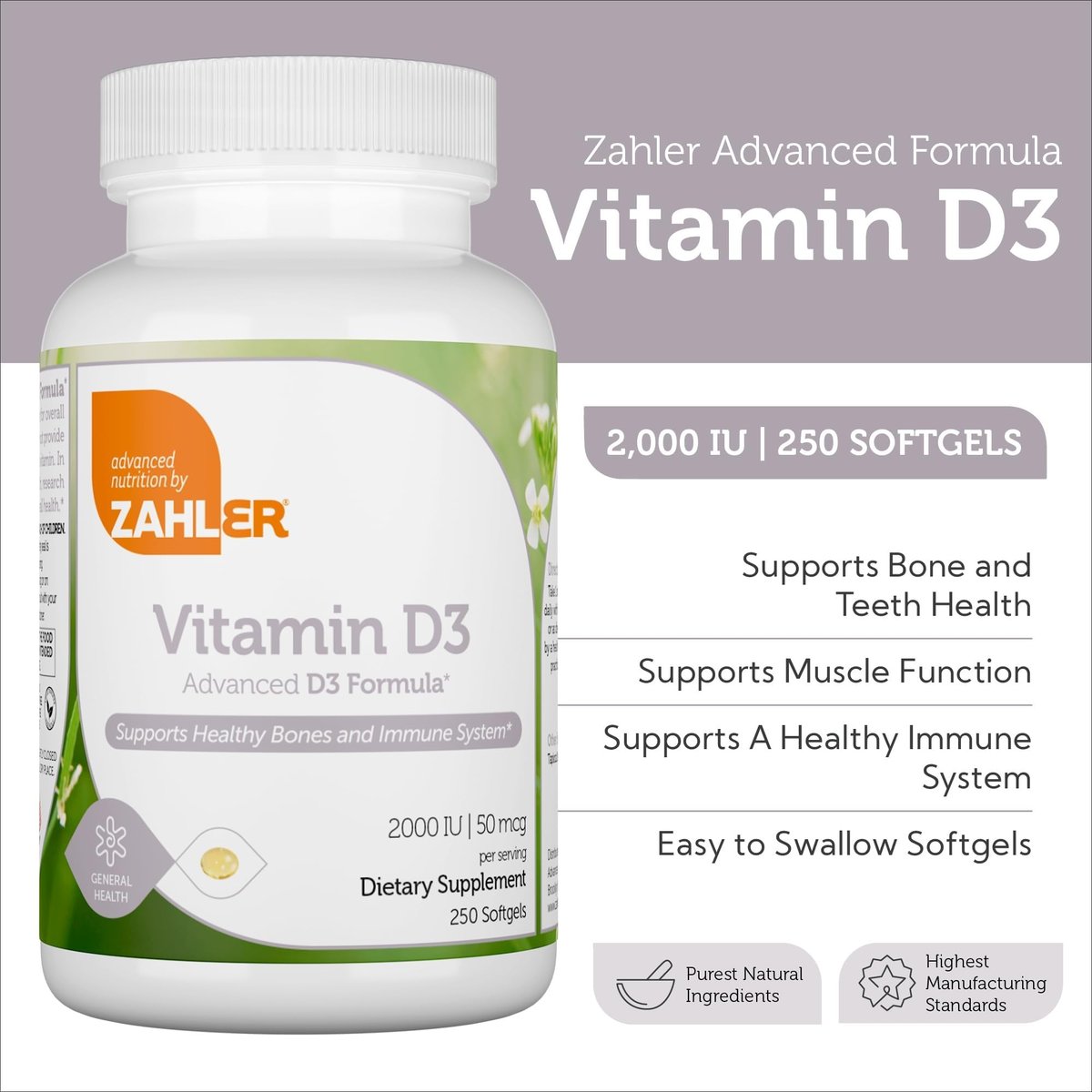 Zahler - Fortschrittliches Vitamin D3 2000 IE Weichkapseln (250 Stück) - Koscher, Vegetarierfreundlich - Für Immunsystem, Knochen, Zähne & Muskeln - Tägliches Vitamin-D-Präparat für Erwachsene - Leicht zu Schlucken