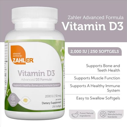 Zahler - Fortschrittliches Vitamin D3 2000 IE Weichkapseln (250 Stück) - Koscher, Vegetarierfreundlich - Für Immunsystem, Knochen, Zähne & Muskeln - Tägliches Vitamin-D-Präparat für Erwachsene - Leicht zu Schlucken