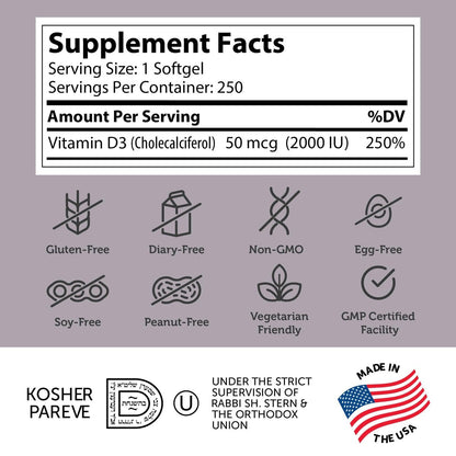 Zahler - Fortschrittliches Vitamin D3 2000 IE Weichkapseln (250 Stück) - Koscher, Vegetarierfreundlich - Für Immunsystem, Knochen, Zähne & Muskeln - Tägliches Vitamin-D-Präparat für Erwachsene - Leicht zu Schlucken