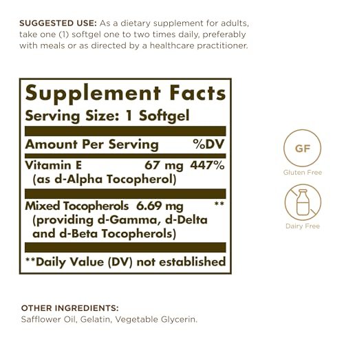Solgar Vitamin E 67 mg (100 IE) - 100 Weichkapseln, Packung mit 2 - Antioxidans-Unterstützung - Gluten- & laktosefrei - 200 Portionen insgesamt