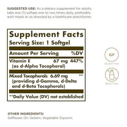 Solgar Vitamin E 67 mg (100 IE) - 100 Weichkapseln, Packung mit 2 - Antioxidans-Unterstützung - Gluten- & laktosefrei - 200 Portionen insgesamt