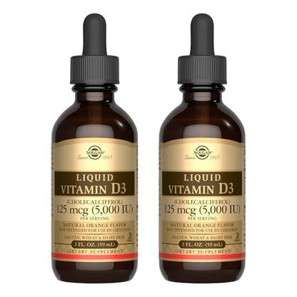 Solgar Flüssiges Vitamin D3 125 mcg (5.000 IE) - 2er-Pack mit 118 Portionen - Natürlicher Orangen-Geschmack - Für Knochen & Zähne - Immunsystem-Unterstützung - Gluten- & Laktosefrei