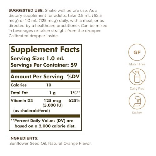 Solgar Flüssiges Vitamin D3 125 mcg (5.000 IE) - 2er-Pack mit 118 Portionen - Natürlicher Orangen-Geschmack - Für Knochen & Zähne - Immunsystem-Unterstützung - Gluten- & Laktosefrei