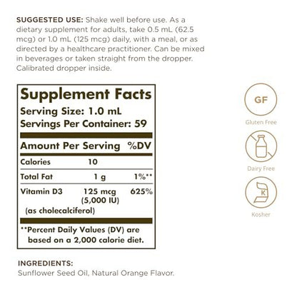 Solgar Flüssiges Vitamin D3 125 mcg (5.000 IE) - 2er-Pack mit 118 Portionen - Natürlicher Orangen-Geschmack - Für Knochen & Zähne - Immunsystem-Unterstützung - Gluten- & Laktosefrei