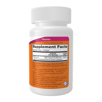 NOW Foods Vitamin D-3 10.000 IE Höchste Potenz, Strukturelle Unterstützung, 120 Weichkapseln