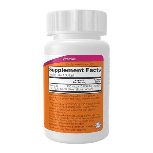 NOW Foods Vitamin D-3 10.000 IE Höchste Potenz, Strukturelle Unterstützung, 120 Weichkapseln