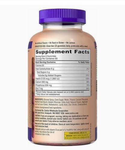 Kirkland Signature Kaugummis mit Kalzium und Vitamin D3 für Erwachsene, 120 Stück