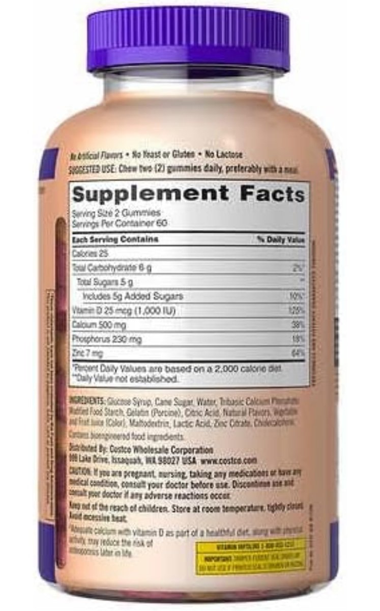 Kirkland Signature Kaugummis mit Kalzium und Vitamin D3 für Erwachsene, 120 Stück