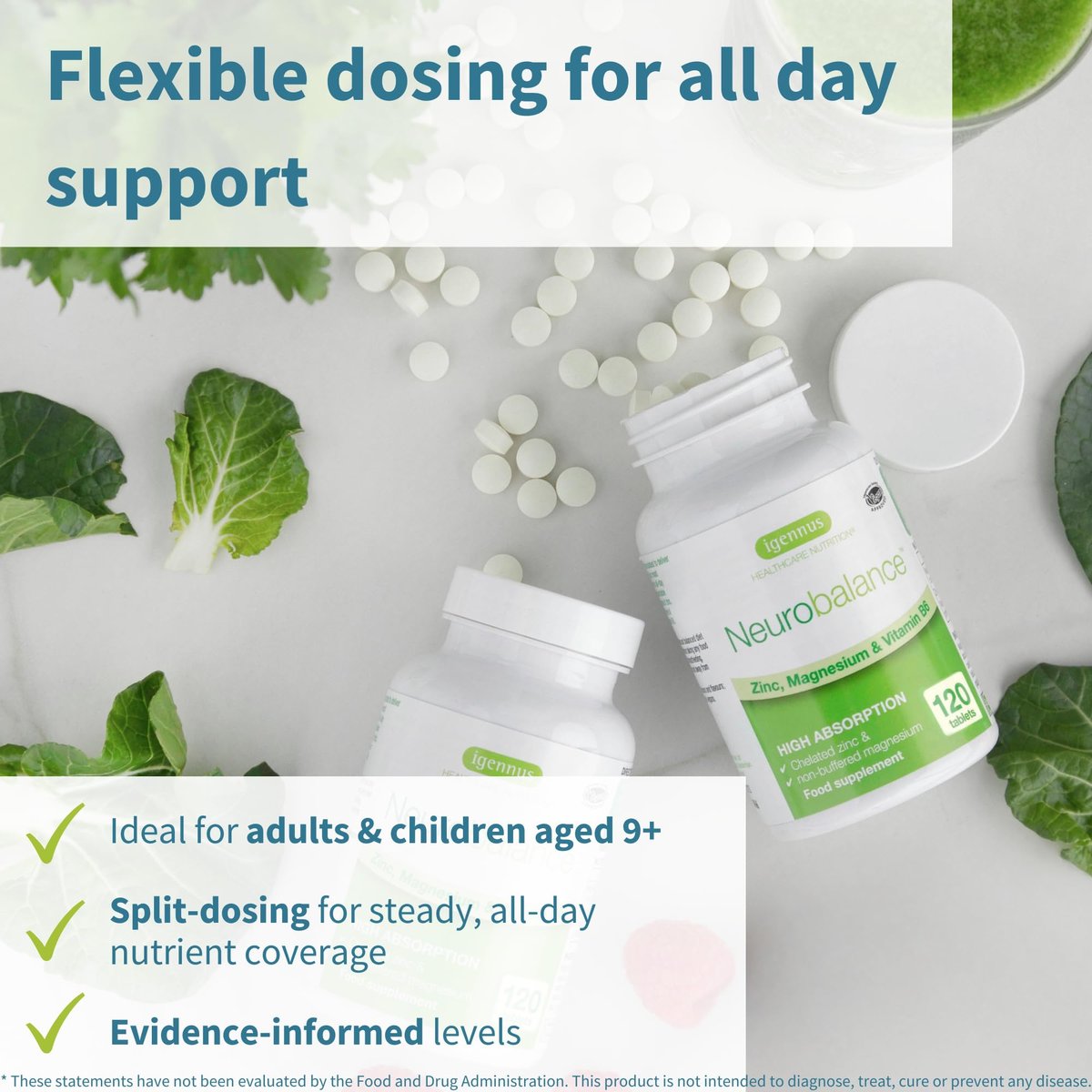 Igennus Neurobalance Zink, Magnesium & B6 Komplex – Kognitive Unterstützung, ruhiger Fokus & Entspannung, 120 kleine Tabletten, hochabsorbierendes cheliertes Zink & vollständig reagiertes Magnesium, vegan, ohne Gentechnik
