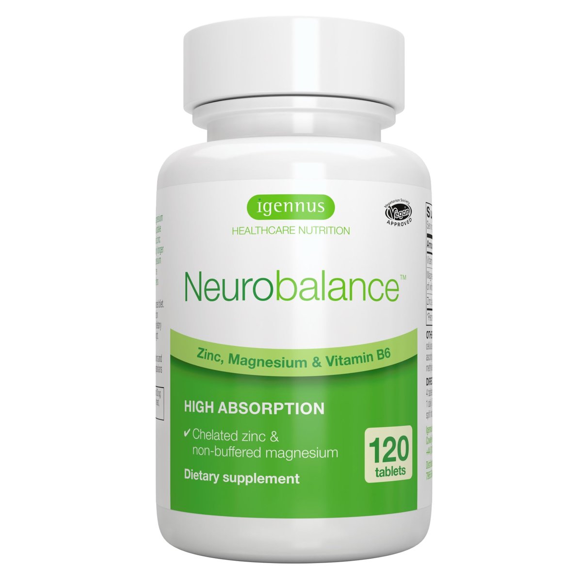 Igennus Neurobalance Zink, Magnesium & B6 Komplex – Kognitive Unterstützung, ruhiger Fokus & Entspannung, 120 kleine Tabletten, hochabsorbierendes cheliertes Zink & vollständig reagiertes Magnesium, vegan, ohne Gentechnik