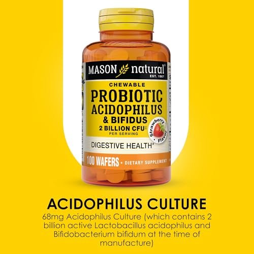 MASON NATURAL Probiotischer Acidophilus mit Bifidus, 50-Tage-Vorrat, Unterstützt eine gesunde normale Verdauung, Erdbeergeschmack, 100 Kautabletten