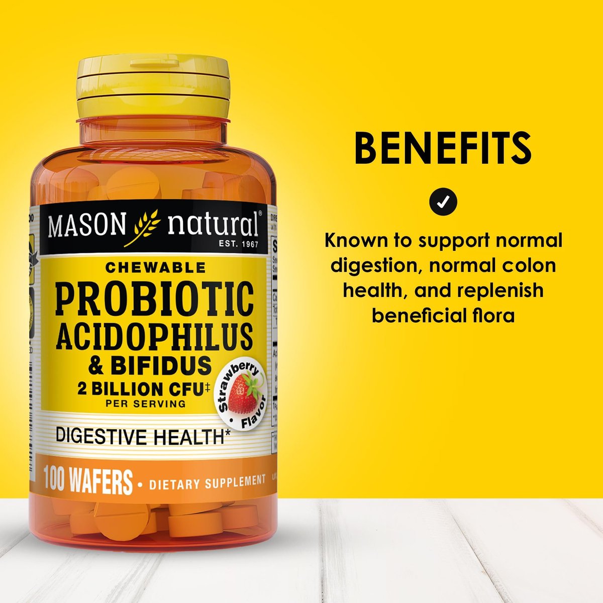 MASON NATURAL Probiotischer Acidophilus mit Bifidus, 50-Tage-Vorrat, Unterstützt eine gesunde normale Verdauung, Erdbeergeschmack, 100 Kautabletten