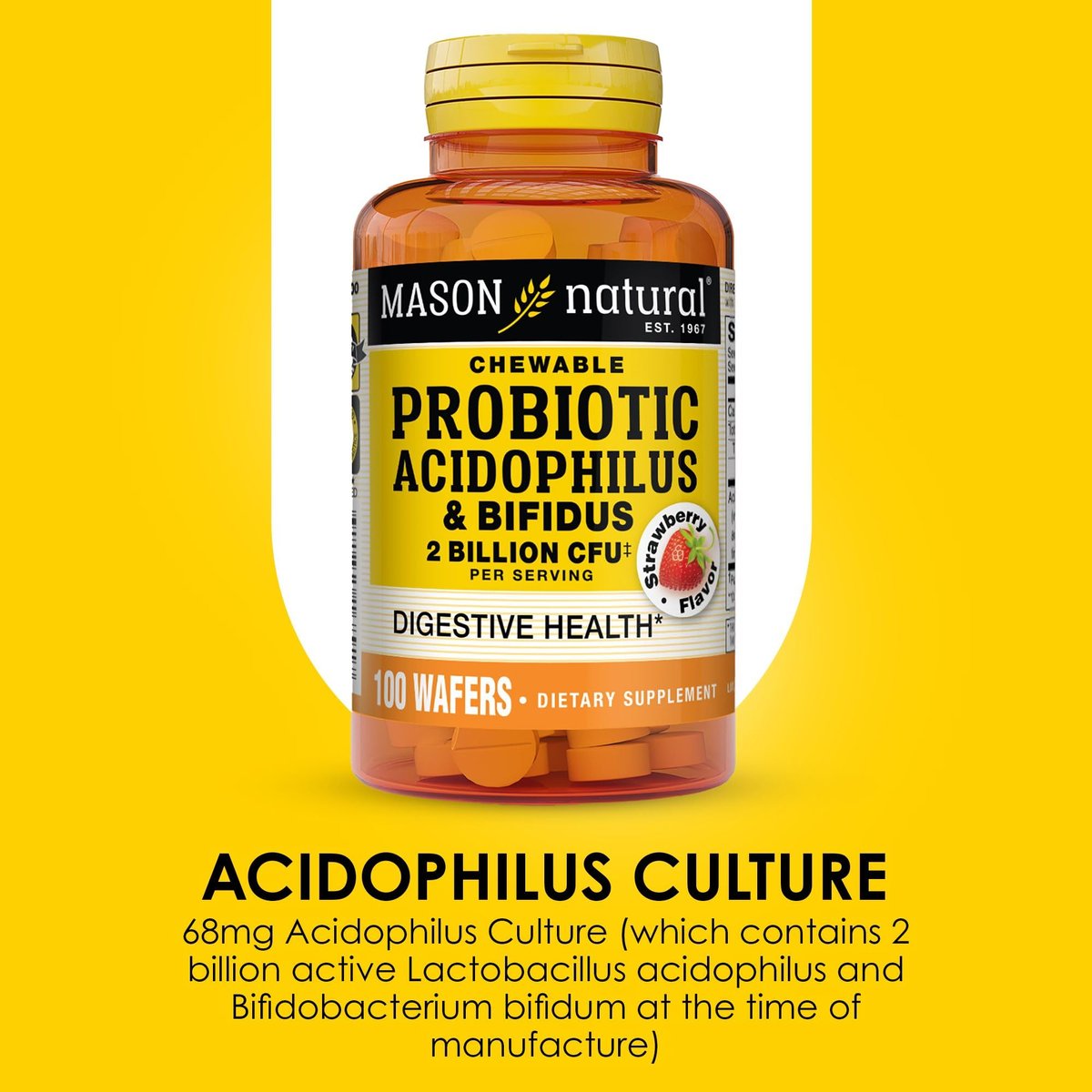 MASON NATURAL Probiotischer Acidophilus mit Bifidus, 50-Tage-Vorrat, Unterstützt eine gesunde normale Verdauung, Erdbeergeschmack, 100 Kautabletten