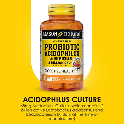 MASON NATURAL Probiotischer Acidophilus mit Bifidus, 50-Tage-Vorrat, Unterstützt eine gesunde normale Verdauung, Erdbeergeschmack, 100 Kautabletten