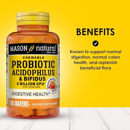 MASON NATURAL Probiotischer Acidophilus mit Bifidus, 50-Tage-Vorrat, Unterstützt eine gesunde normale Verdauung, Erdbeergeschmack, 100 Kautabletten