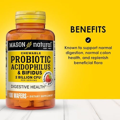 MASON NATURAL Probiotischer Acidophilus mit Bifidus, 50-Tage-Vorrat, Unterstützt eine gesunde normale Verdauung, Erdbeergeschmack, 100 Kautabletten