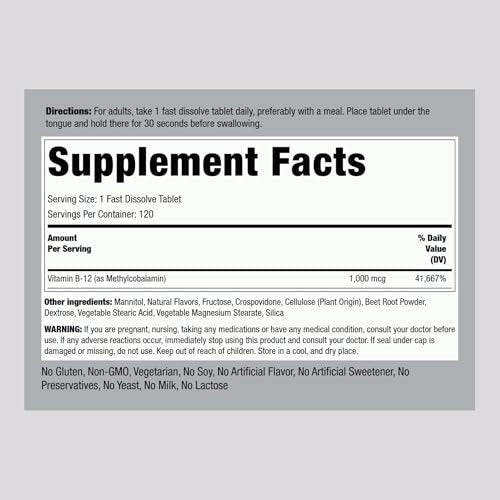 Piping Rock Vitamin B12 1000 mcg Sublingual | 120 Tabletten | als Methylcobalamin | Beerengeschmack | Vegetarisch, Nicht-GVO, Glutenfrei
