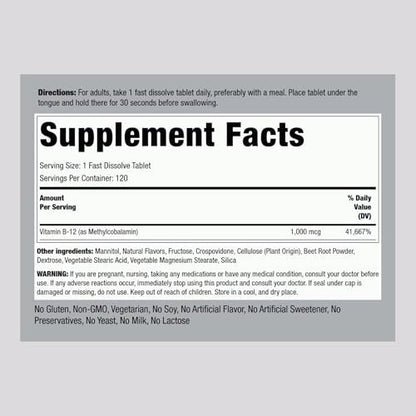 Piping Rock Vitamin B12 1000 mcg Sublingual | 120 Tabletten | als Methylcobalamin | Beerengeschmack | Vegetarisch, Nicht-GVO, Glutenfrei