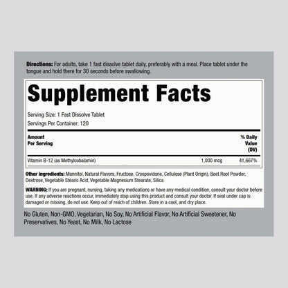 Piping Rock Vitamin B12 1000 mcg Sublingual | 120 Tabletten | als Methylcobalamin | Beerengeschmack | Vegetarisch, Nicht-GVO, Glutenfrei