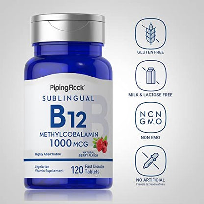 Piping Rock Vitamin B12 1000 mcg Sublingual | 120 Tabletten | als Methylcobalamin | Beerengeschmack | Vegetarisch, Nicht-GVO, Glutenfrei