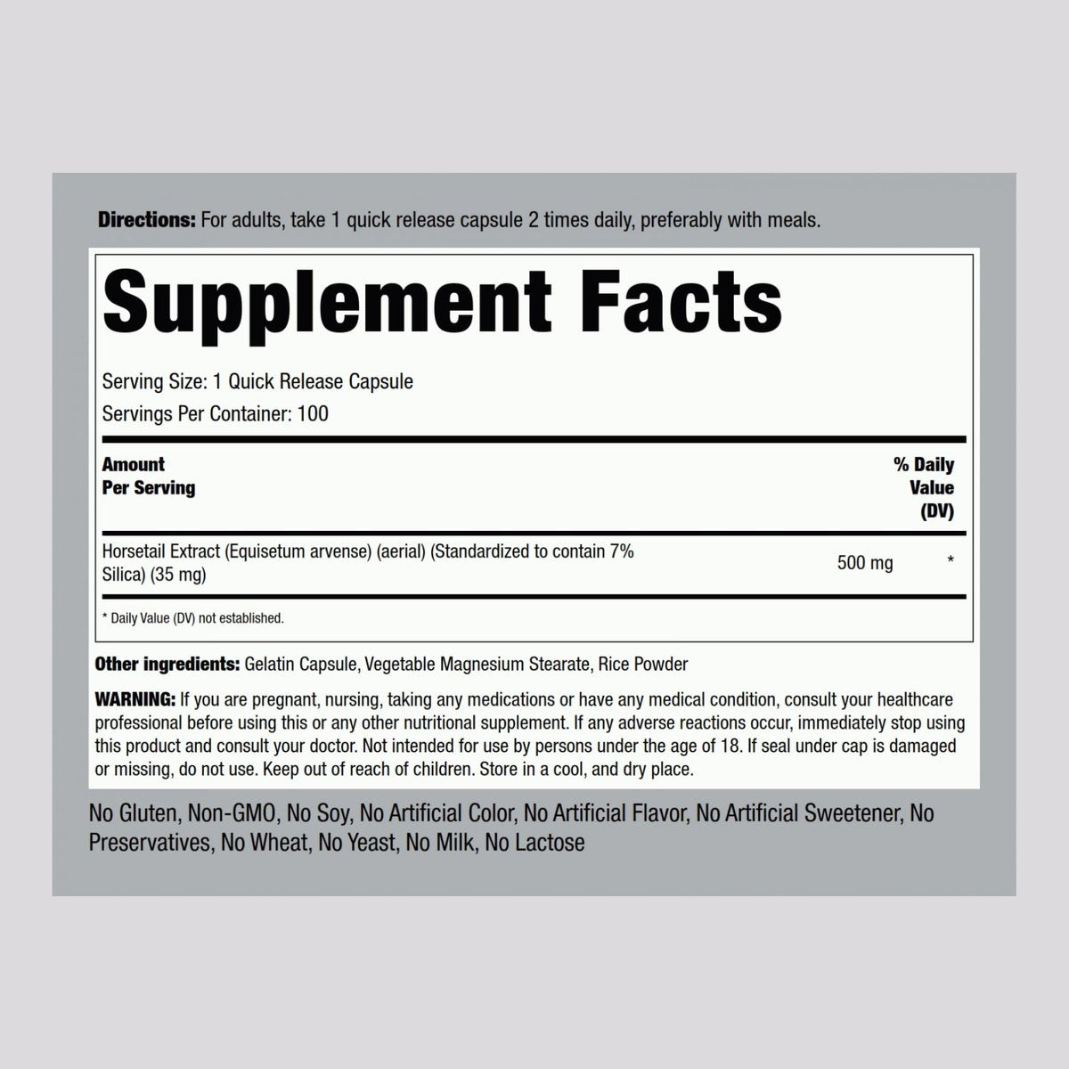 Piping Rock Silica Supplement 500mg | 100 Kapseln | Schachtelhalmextrakt | Vitamine für Haare, Knochen & Nägel | Glutenfrei, Nicht-GVO