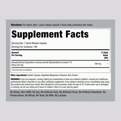Piping Rock Silica Supplement 500mg | 100 Kapseln | Schachtelhalmextrakt | Vitamine für Haare, Knochen & Nägel | Glutenfrei, Nicht-GVO
