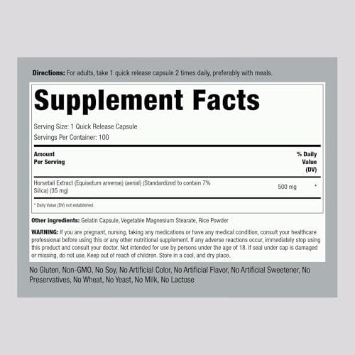 Piping Rock Silica Supplement 500mg | 100 Kapseln | Schachtelhalmextrakt | Vitamine für Haare, Knochen & Nägel | Glutenfrei, Nicht-GVO
