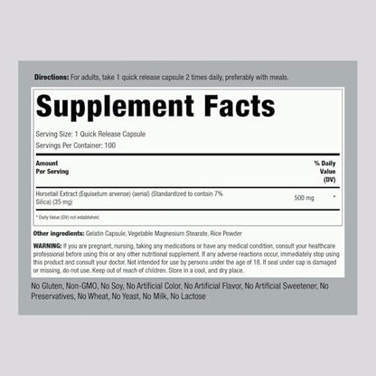 Piping Rock Silica Supplement 500mg | 100 Kapseln | Schachtelhalmextrakt | Vitamine für Haare, Knochen & Nägel | Glutenfrei, Nicht-GVO