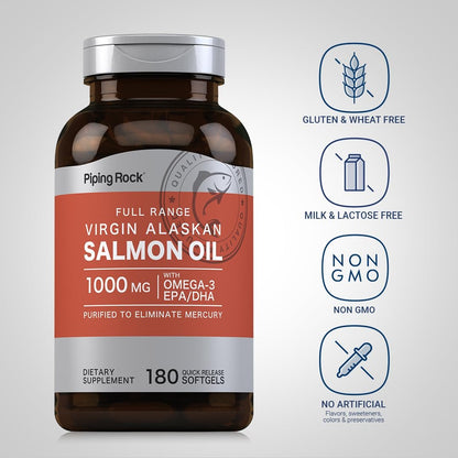 Piping Rock Wild Alaskan Salmonöl für Menschen | 1000 mg | 180 Weichkapseln | Omega-3-Ergänzung mit EPA und DHA | Non-GMO und glutenfrei